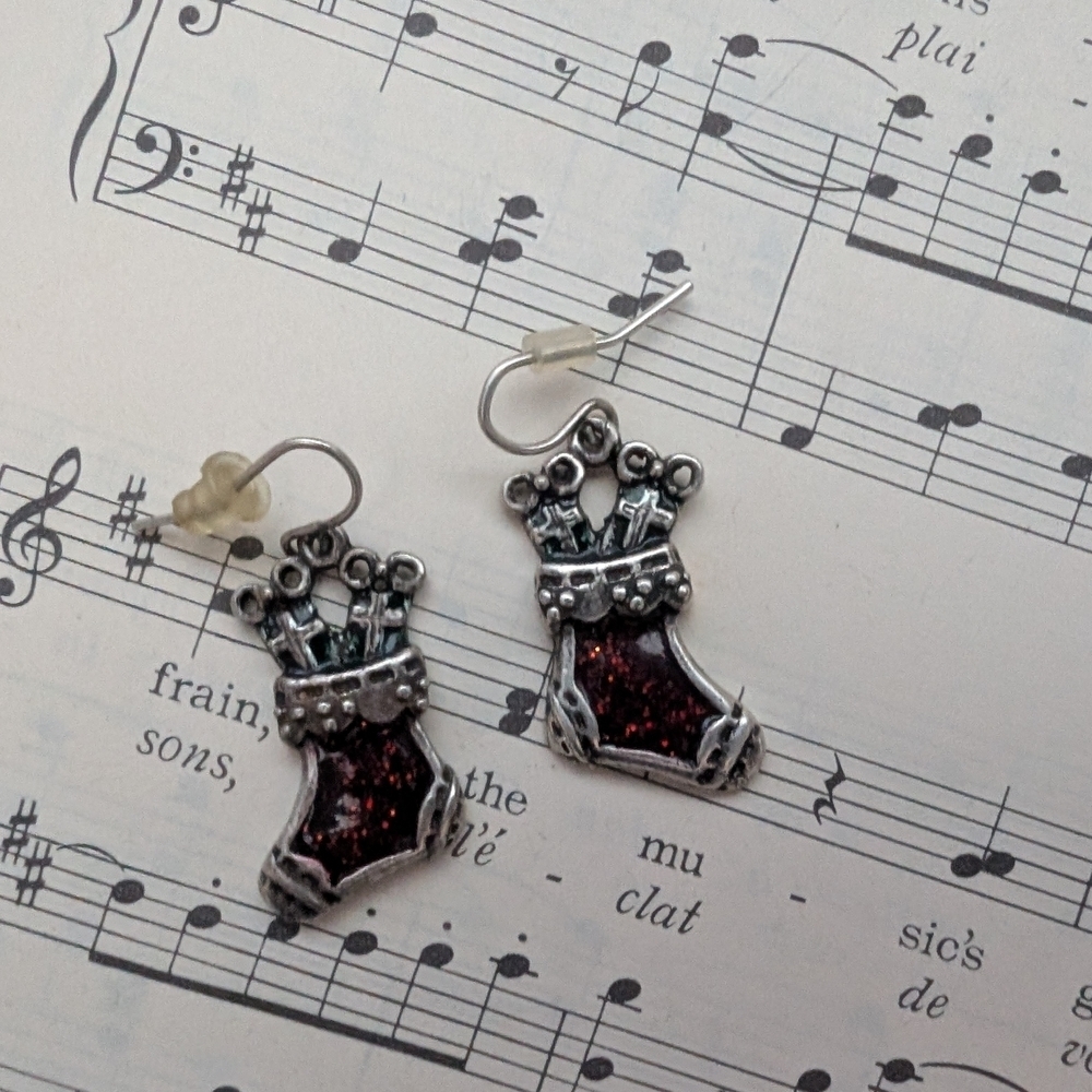 Silver and Red Christmas Stocking Earrings